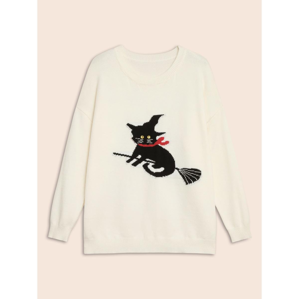 Plus Size Supersoft Essentials Bewitched Cat Crew Neck Pullover Ivory Women Casual Long Sleeve Round Neck Everyday Pullovers BloomChic 26/4X Product Image
