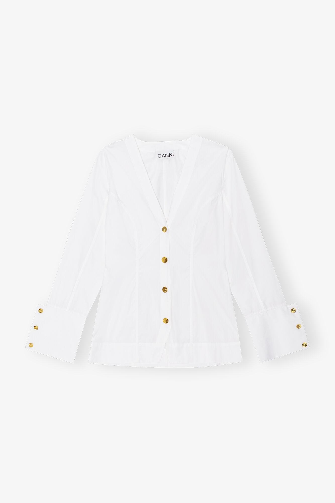White Cotton Poplin V-neck Shirt Product Image