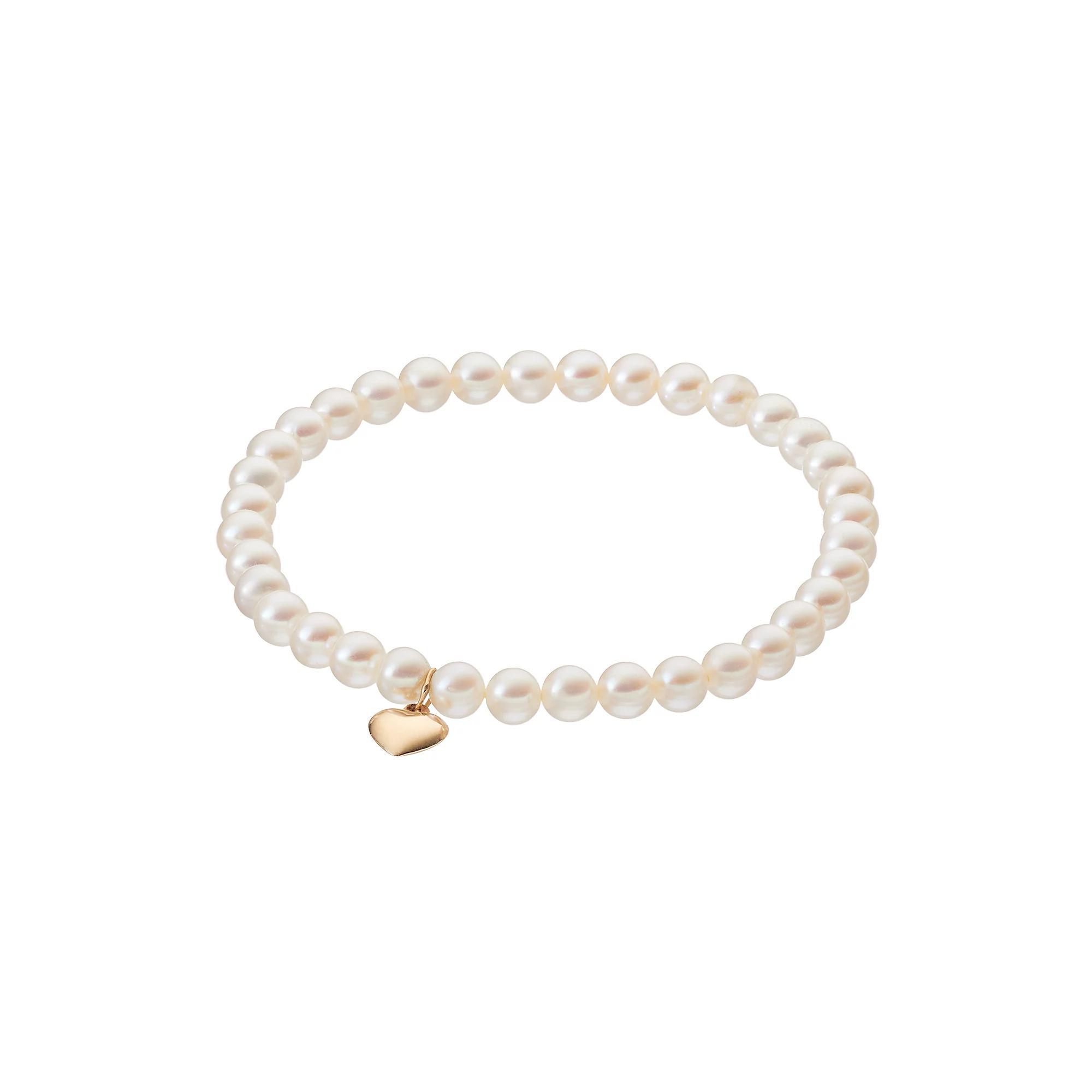 Freshwater Cultured Pearl 14k Gold Heart Charm Beaded Stretch Bracelet, Women's, Size: 7.5", White Product Image