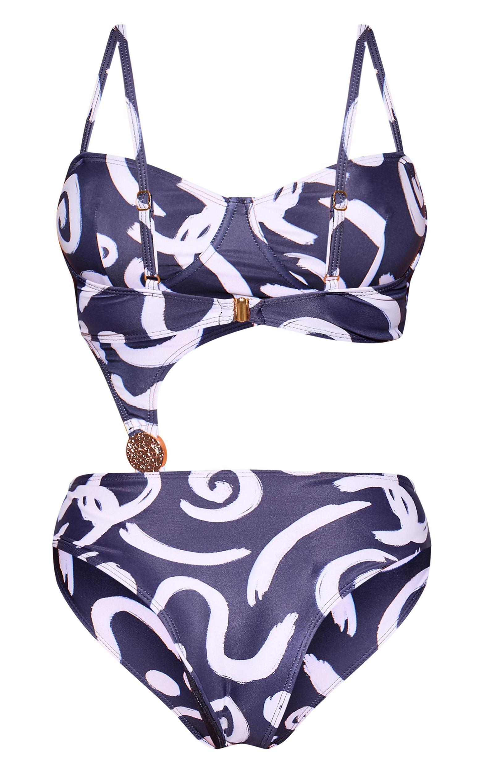 Black Swirl Print Underwired Cut Out Swimsuit Product Image