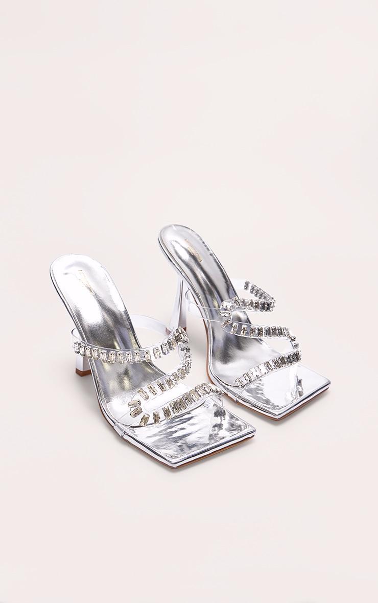 Silver PU Wide Fit Metallic Square Toe Diamante Strap Heeled Mules Product Image