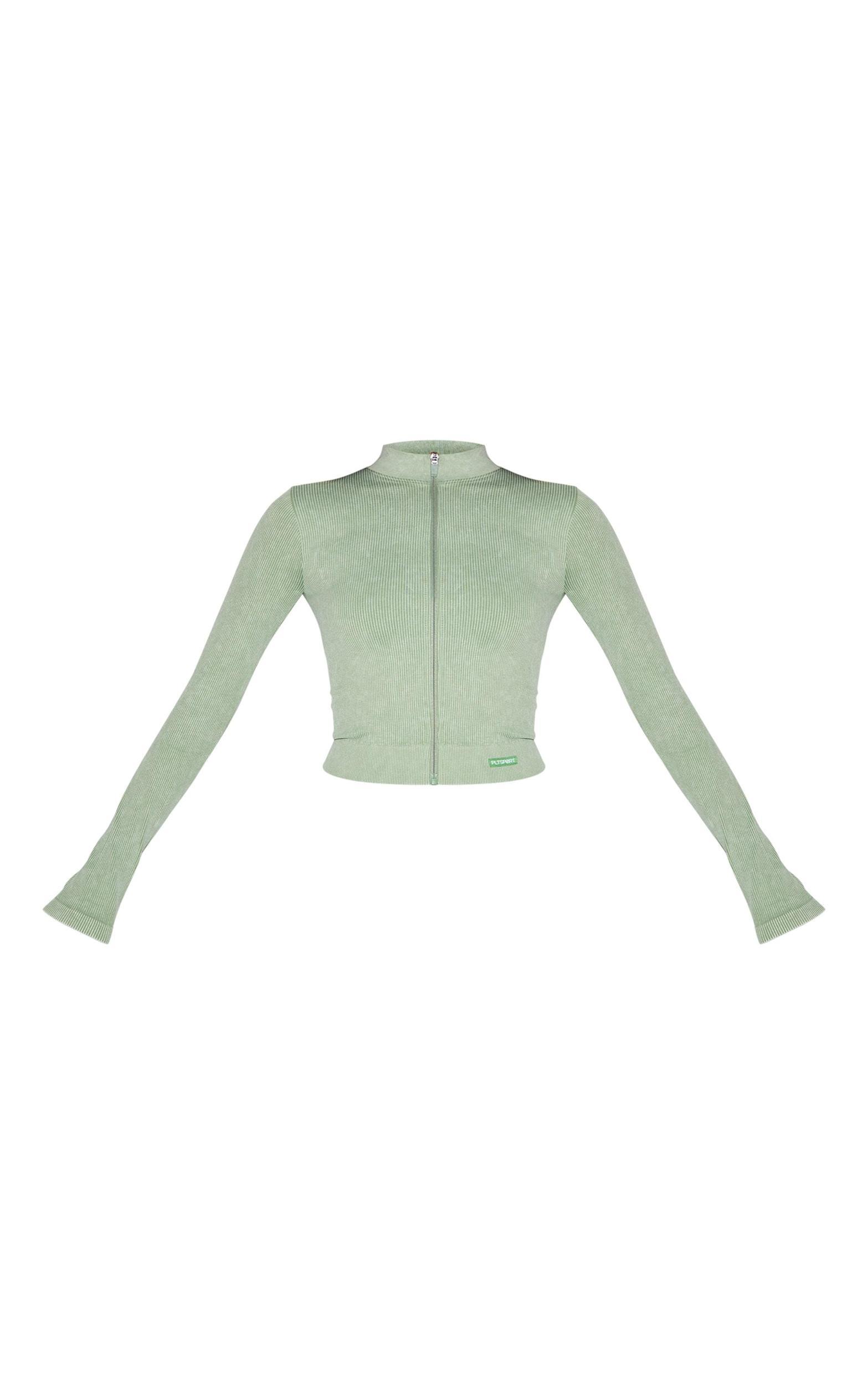 Khaki Acid Wash Seamless Rib Zip Up Cropped Sports Jacket Product Image