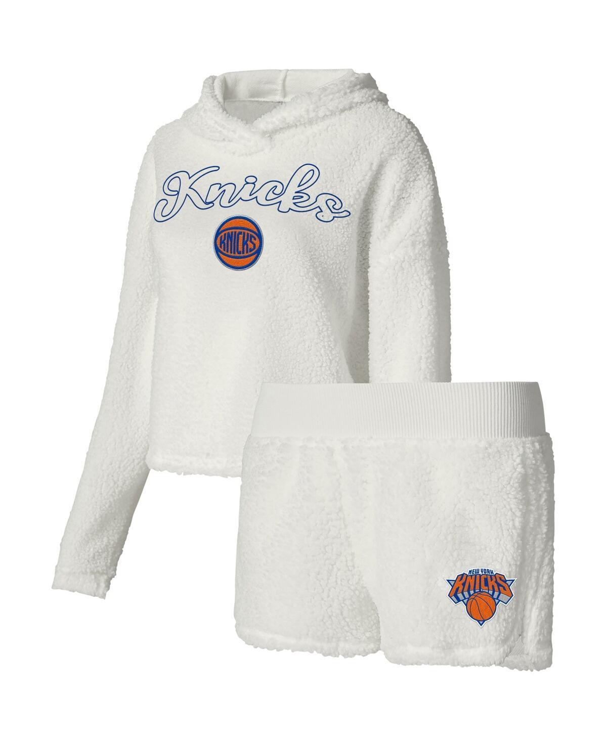 Women's College Concepts Cream New York Knicks Fluffy Long Sleeve Hoodie T-Shirt & Shorts Sleep Set, Size: XL, White Product Image
