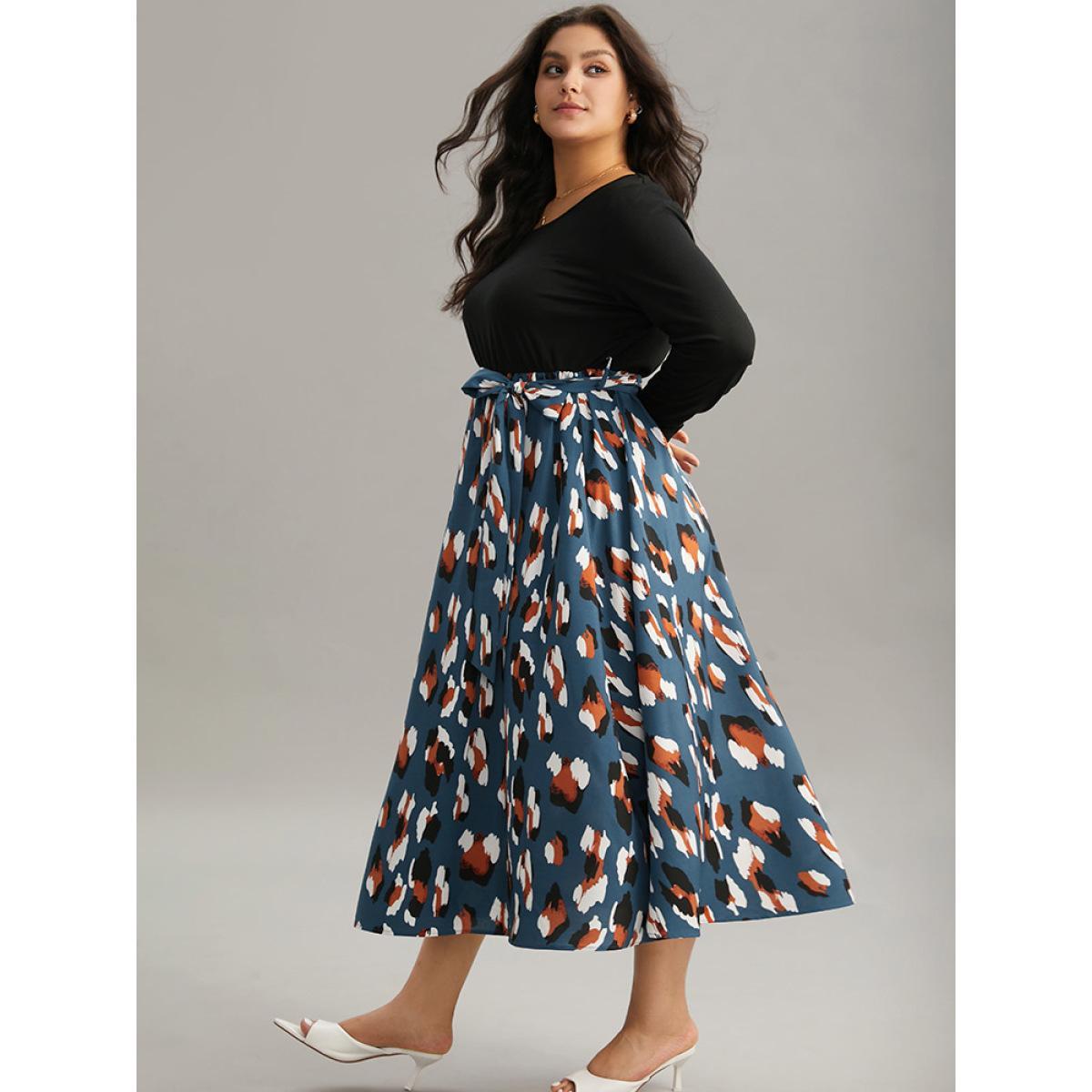Plus Size Allover Print Patchwork Belted Pocket Dress Black Women Office Printed Round Neck Long Sleeve Curvy Midi Dress BloomChic 26/4X Product Image