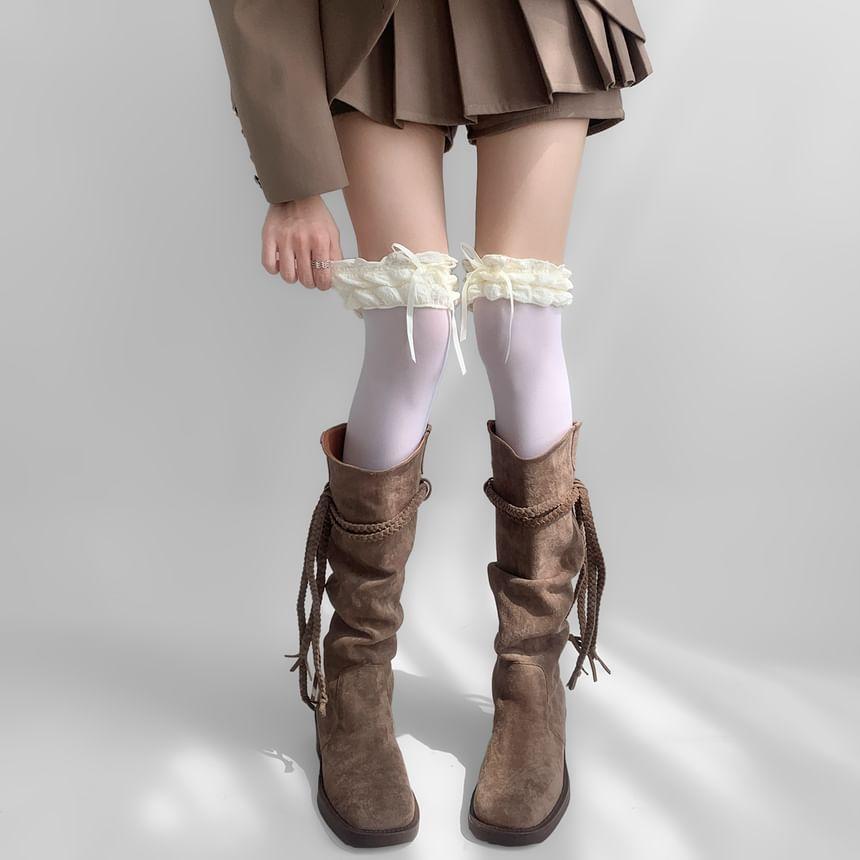 Bow Ruffle Panel Knee High Socks Product Image