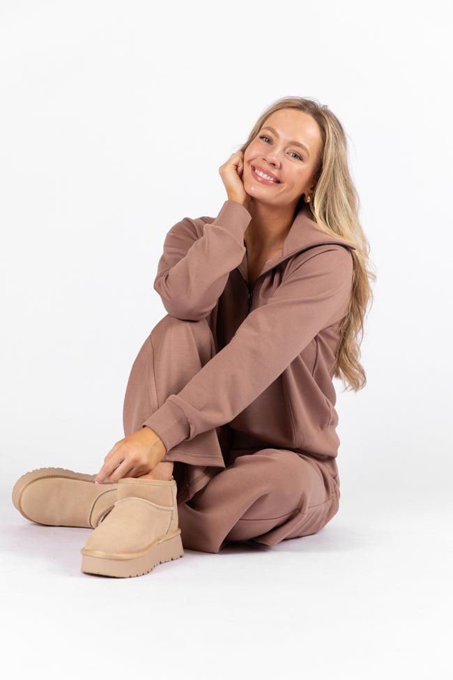Let's Just Stay Mocha Quarter Zip Knit Pullover FINAL SALE Product Image