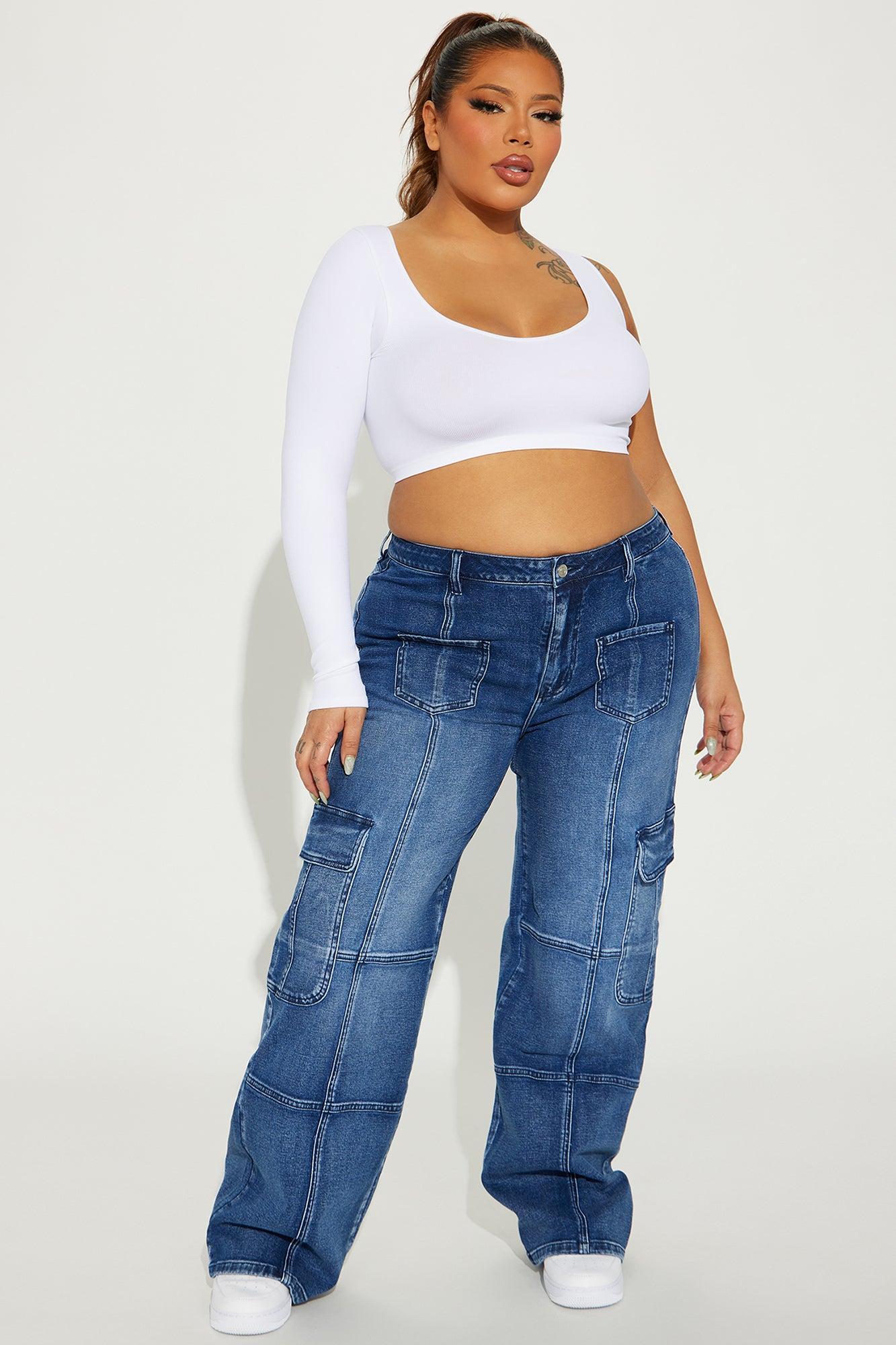 Never Stop Low Stretch Cargo Straight Leg Jeans - Dark Wash Product Image