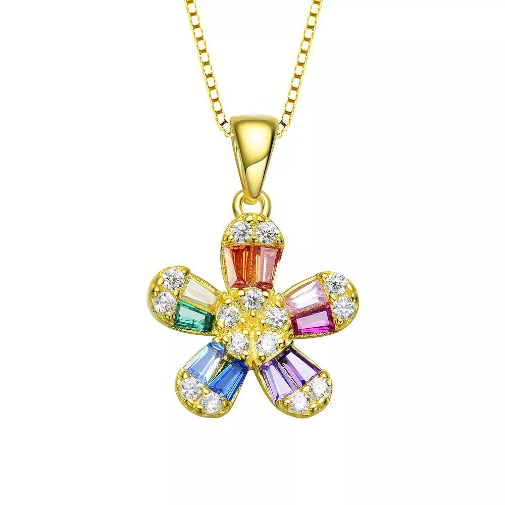 14k Gold Over Silver Multi Color Cubic Zirconia Baguette Flower Pendant Necklace, Womens Gold Tone Product Image