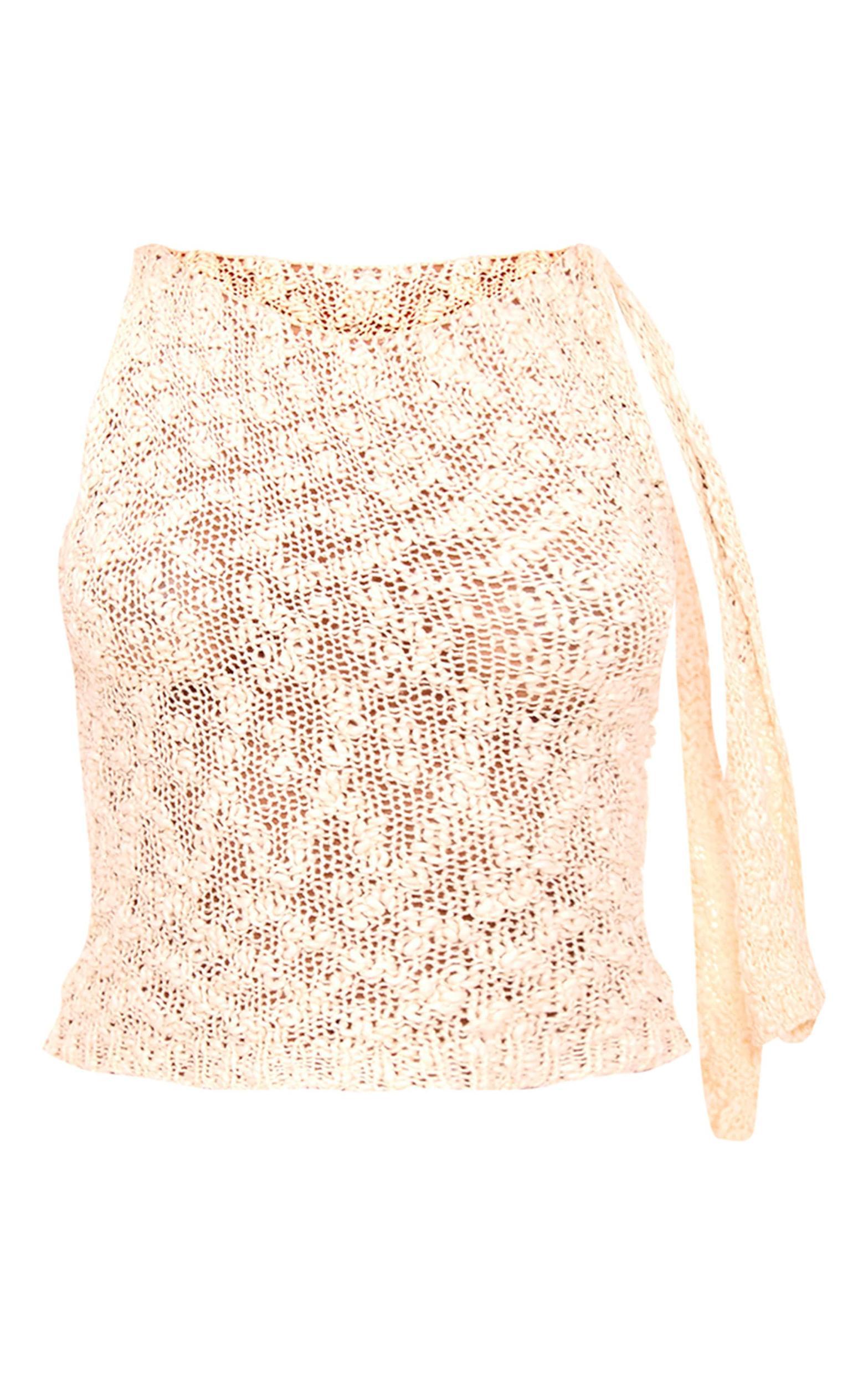 Oatmeal Textured Crochet Knit Tie Neck Top Product Image