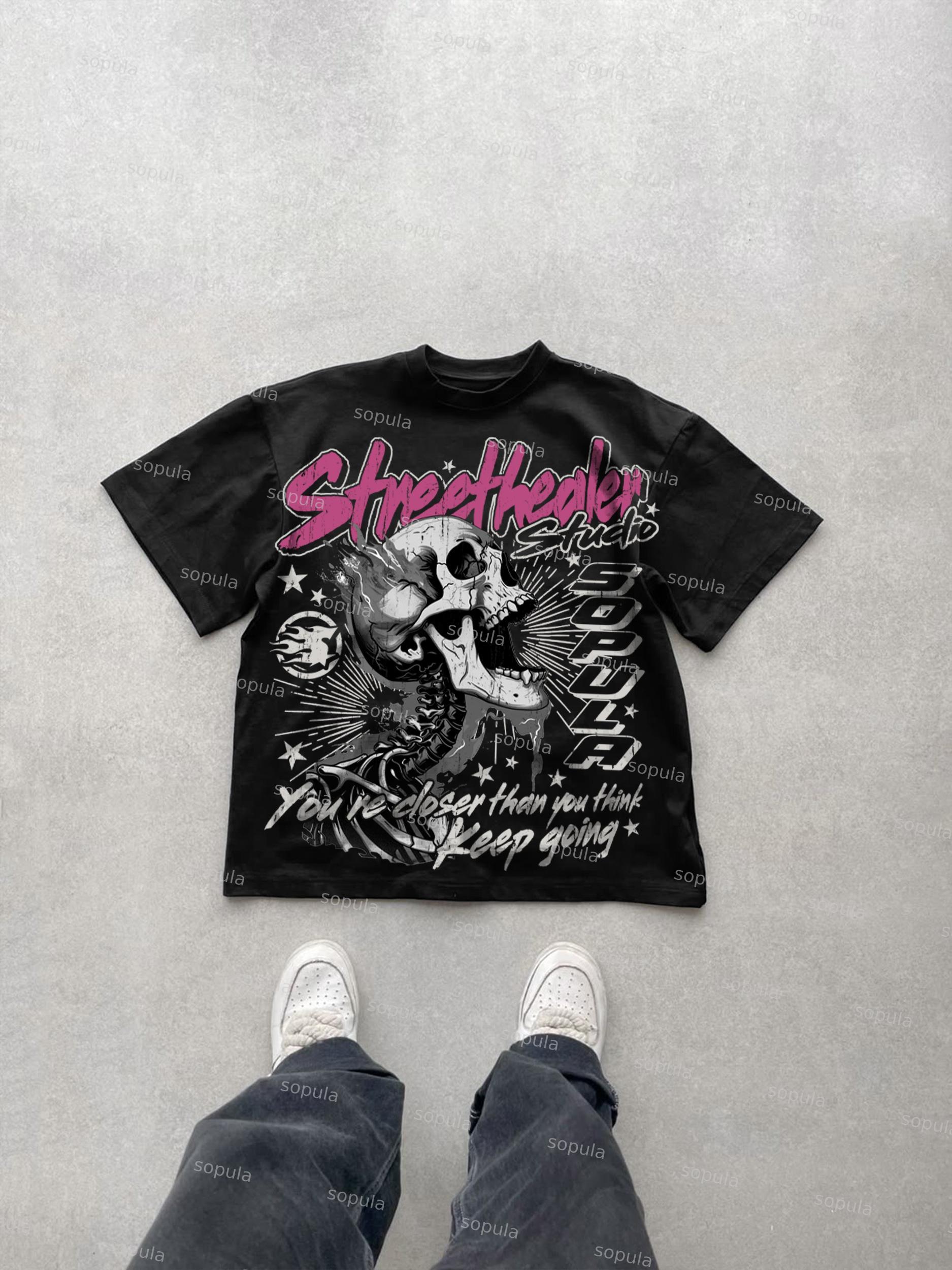Street Healer Flaming Skulls Old Vintage Graphic Cotton T-shirt Product Image