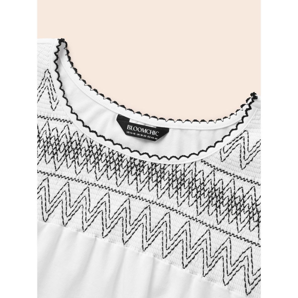 Plus Size Round Neck Embroidered Shirred T-shirt Originalwhite Women Resort Woven ribbon&lace trim Art&design Round Neck Vacation T-shirts BloomChic 26/4X Product Image