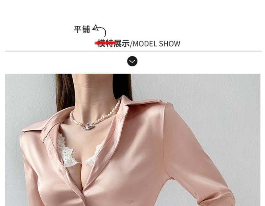 Lace-Trim Slim-Fit Satin Shirt Product Image