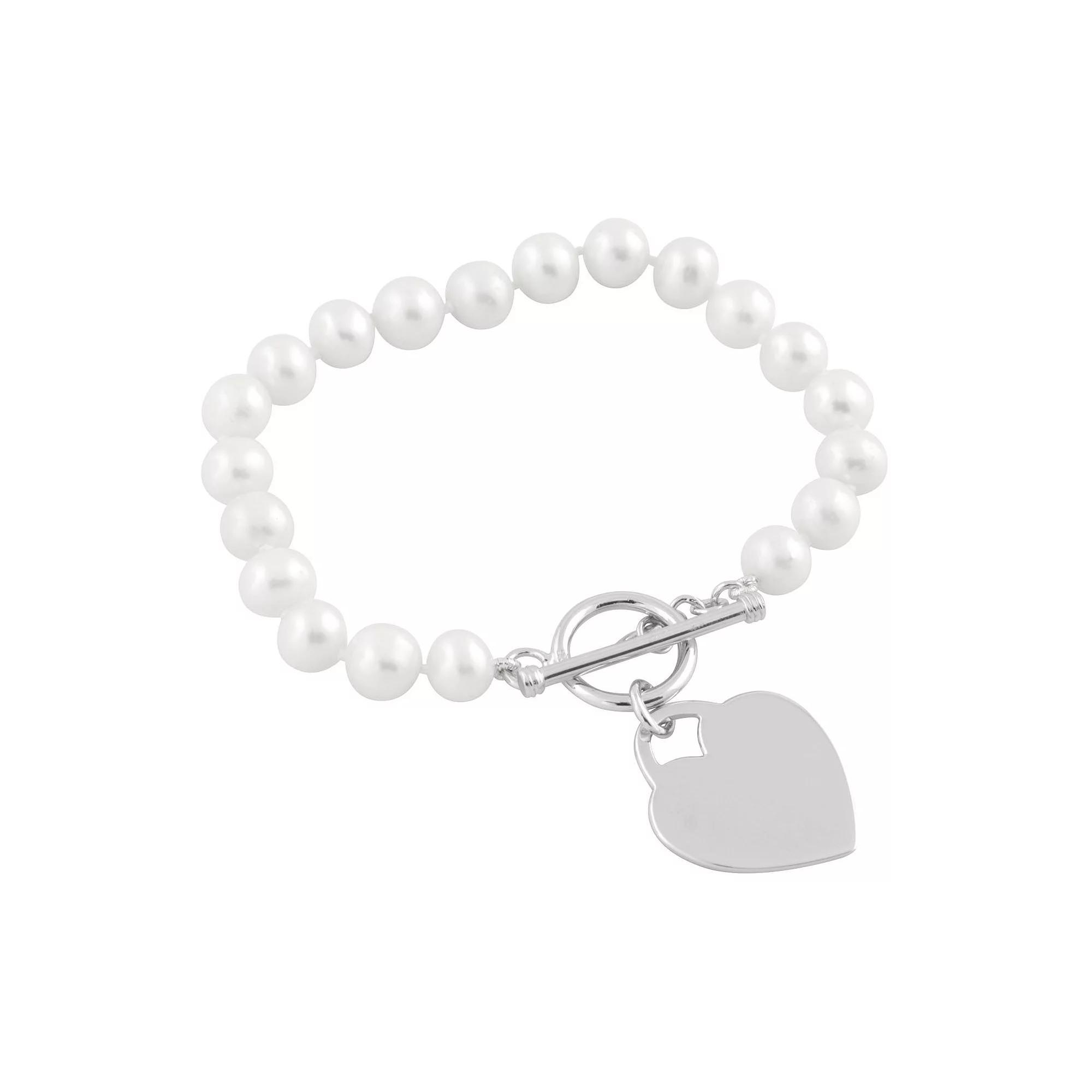 Freshwater Pearl & Sterling Silver Heart Charm Bracelet, Women's, Size: 7.25" Product Image