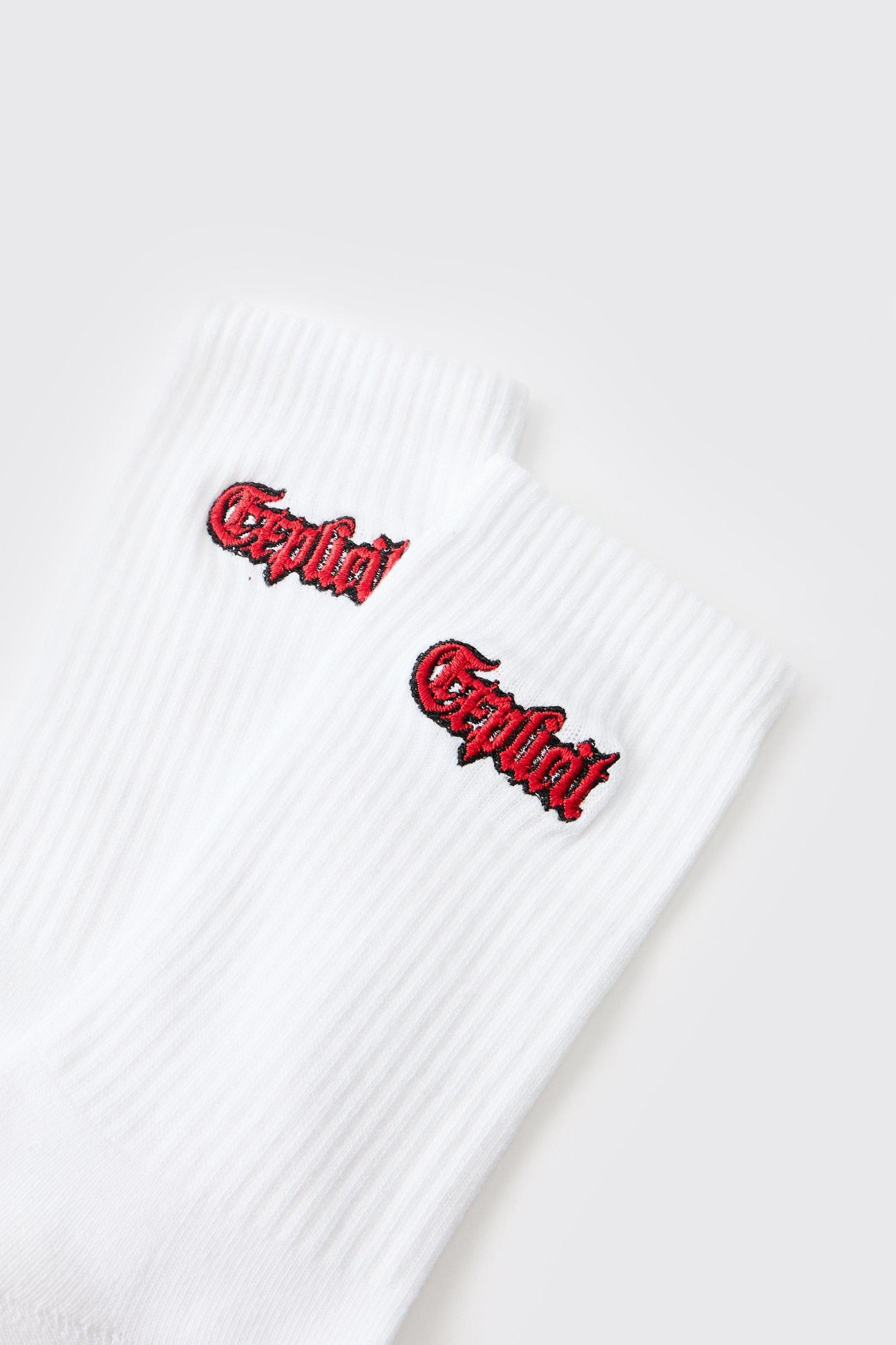 Explicit Embroidered Half Terry Socks | boohooMAN USA Product Image