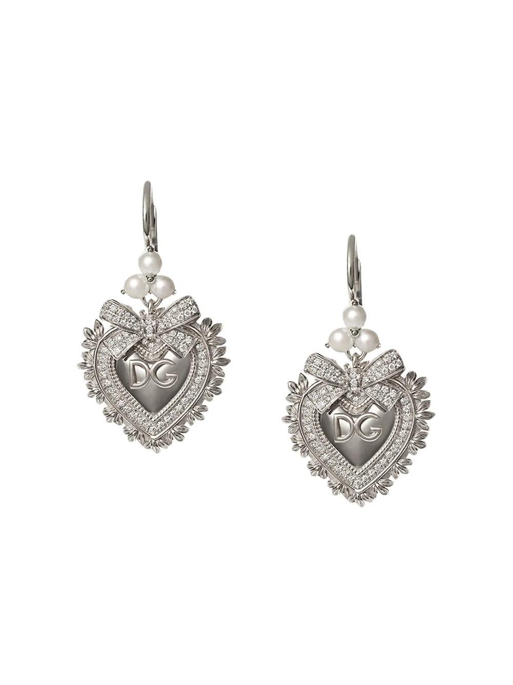 DOLCE & GABBANA 18kt White Gold Devotion Diamond And Pearl Sacred Heart Earrings Product Image