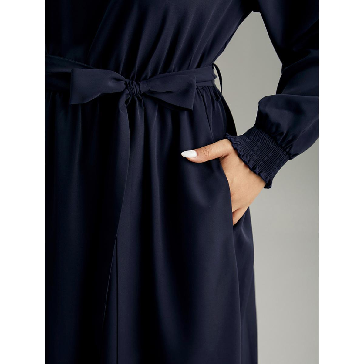 Plus Size Anti-Wrinkle Plain Shirred Mock Neck Belted Dress DarkBlue Women Elegant Elastic cuffs Mock Neck Long Sleeve Curvy Midi Dress BloomChic 18-20/2X Product Image