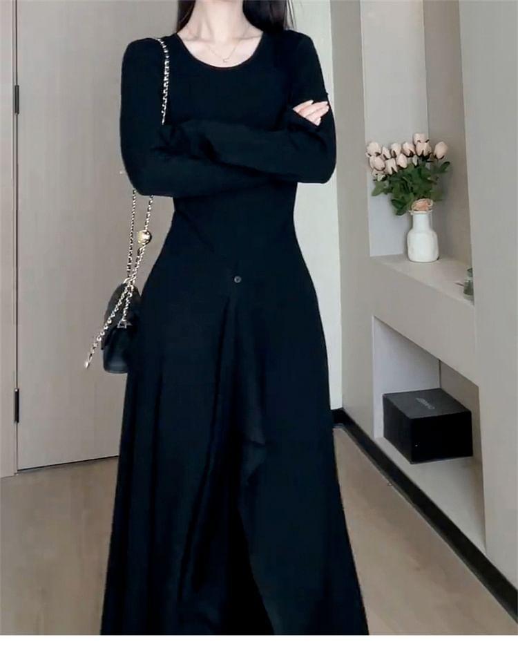 Long Sleeve Crew Neck Plain Slit Ruffle Hem A-Line Midi Dress Product Image