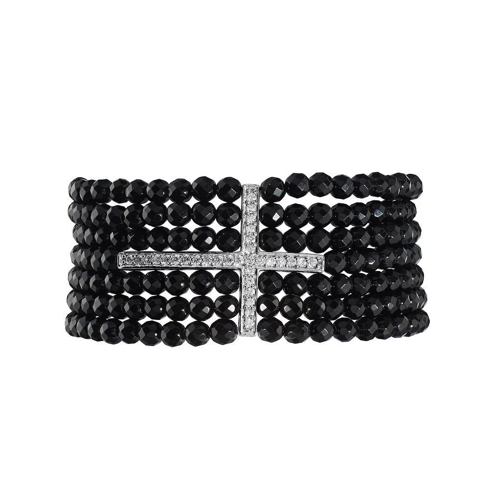 Athra NJ Inc Sterling Silver Cubic Zirconia Cross Black Onyx Beaded Stretch Bracelet, Women's, Size: 7" Product Image