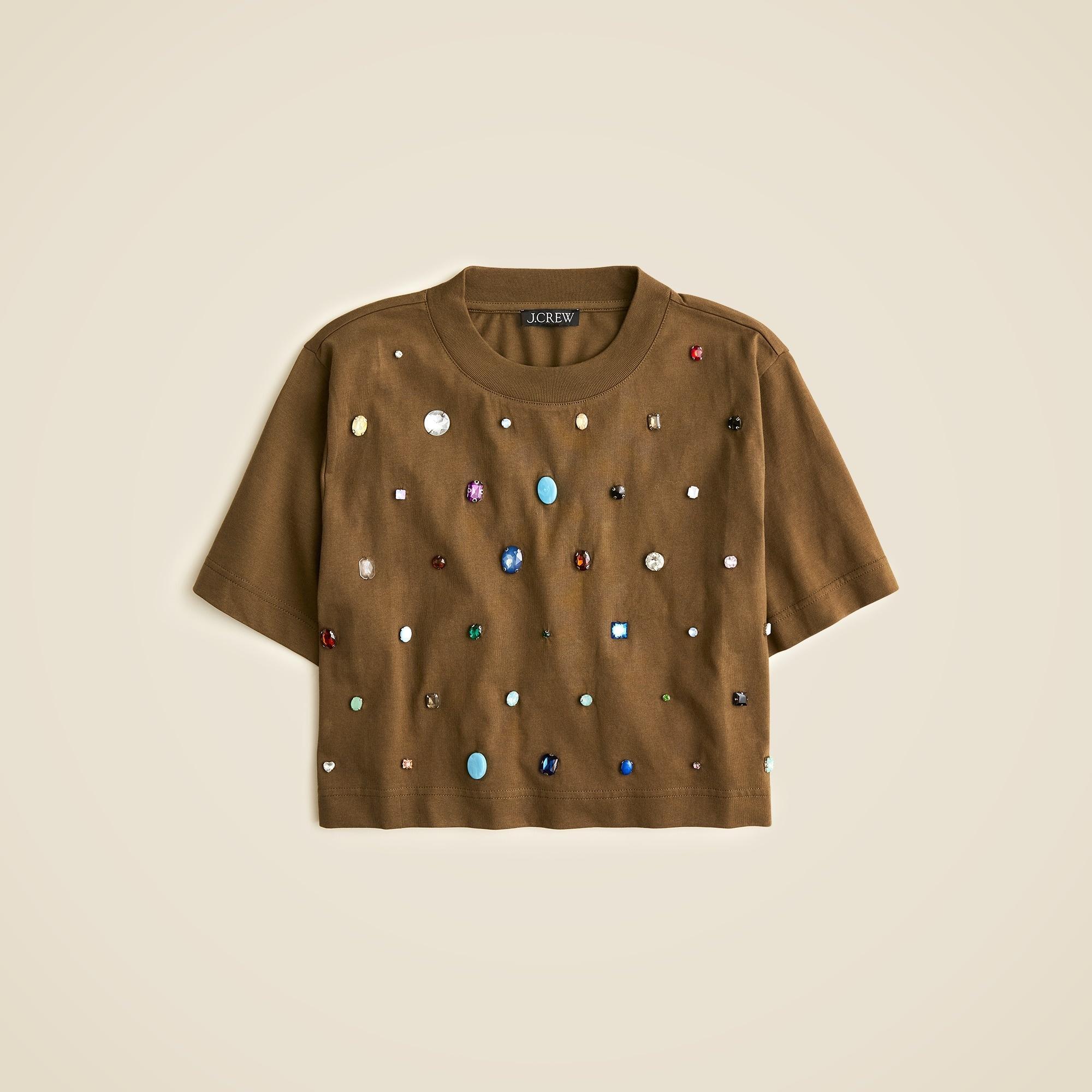 Heavy jersey cropped T-shirt with gemstones Product Image