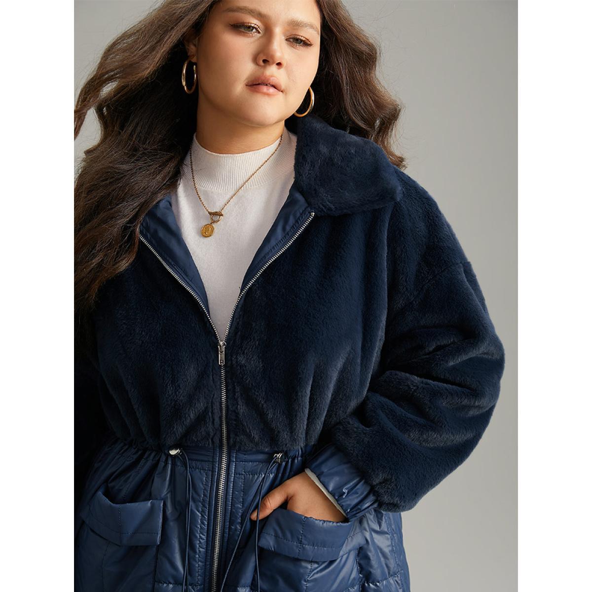 Plus Size Fuzzy Patchwork Zipper Drawstring Coat Women Indigo Casual Plain Ladies Dailywear Winter Coats BloomChic 30/6X Product Image