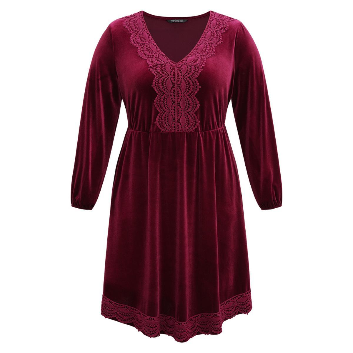 Plus Size Velvet Lace Panel Elastic Cuffs Dress Burgundy Women Elegant Elastic cuffs V-neck Long Sleeve Curvy Midi Dress BloomChic 26/4X Product Image