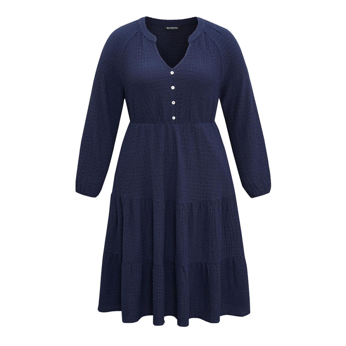 Plus Size Notched Button Detail Ruffle Layered Hem Dress Midnight Women Office Elastic cuffs Notched collar Long Sleeve Curvy Midi Dress BloomChic 12/L Product Image