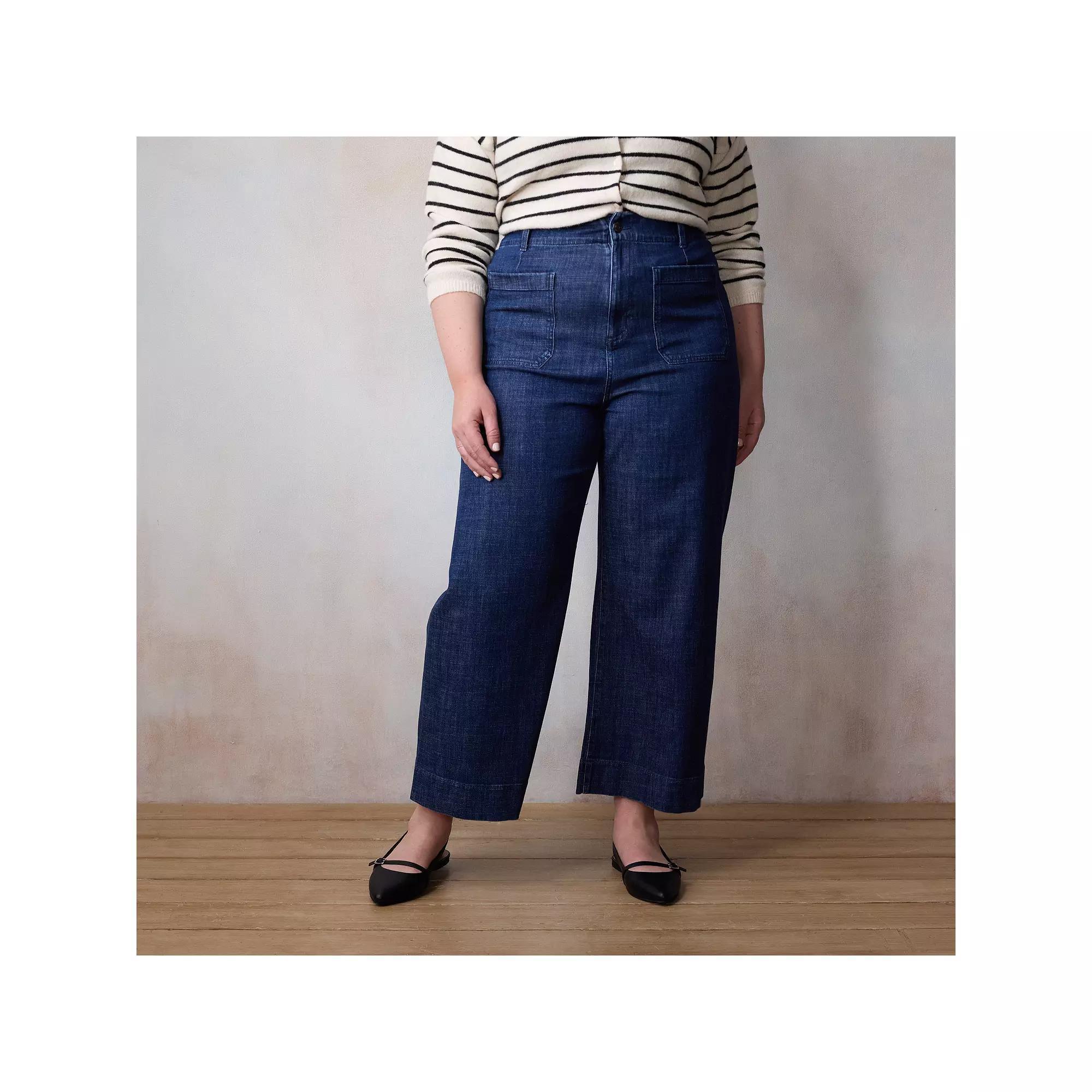 Plus Size LC Lauren Conrad Super High Rise Wildflower Wide Leg Cropped Jeans, Women's, Size: 18 W, Dark Blue Wash Product Image