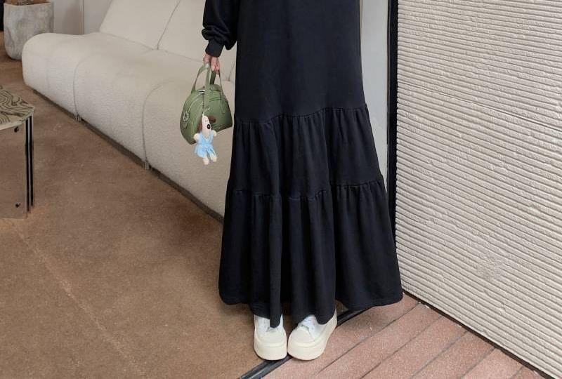 Long Sleeve Round Neck Ruffle Hem Plain Maxi Dress Product Image