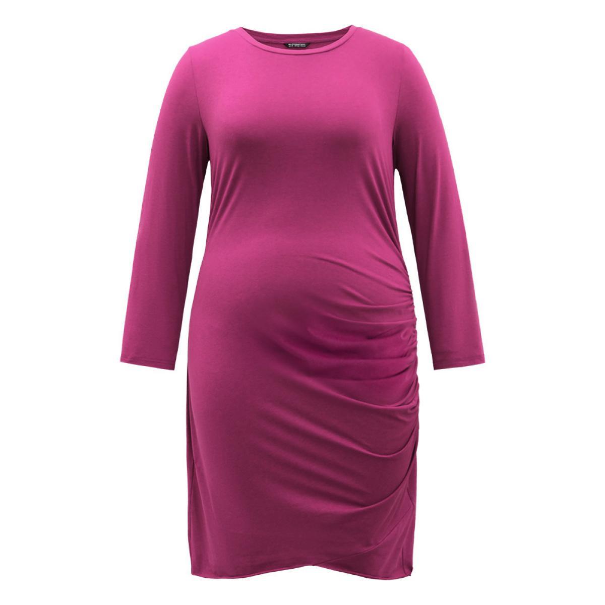 Plus Size Supersoft Essentials Solid Crew Neck Gathered Dress RedViolet Women Casual Gathered Round Neck Long Sleeve Curvy Knee Dress BloomChic 22-24/3X Product Image