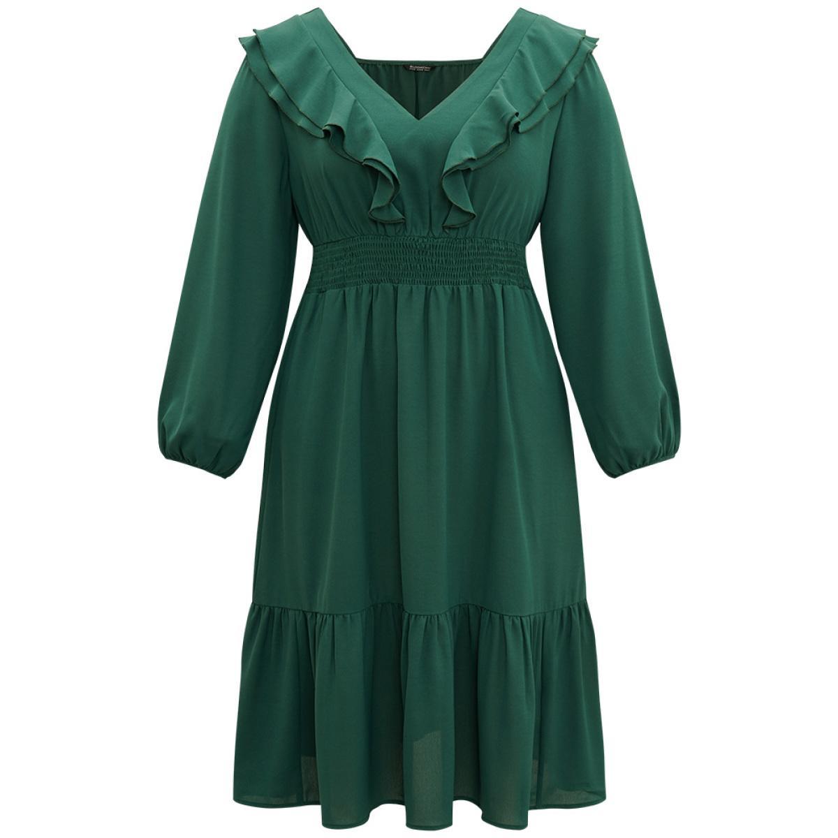 Plus Size Solid Shirred Ruffle Trim Pleated Dress DarkGreen Women Vacation Elastic cuffs V-neck Long Sleeve Curvy Midi Dress BloomChic 12/L Product Image
