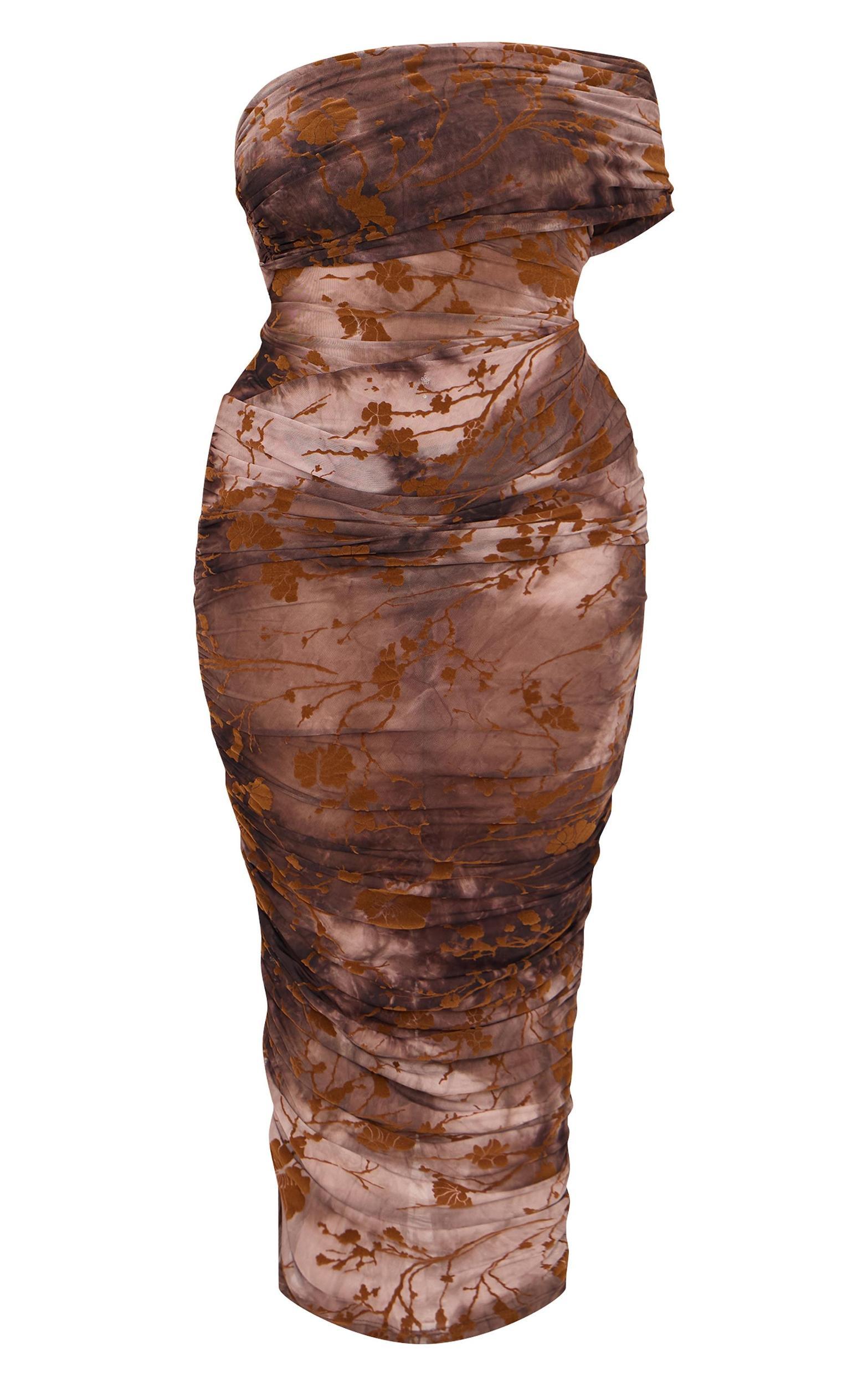 Plus Brown Drape Ruched Devore Maxi Dress Product Image