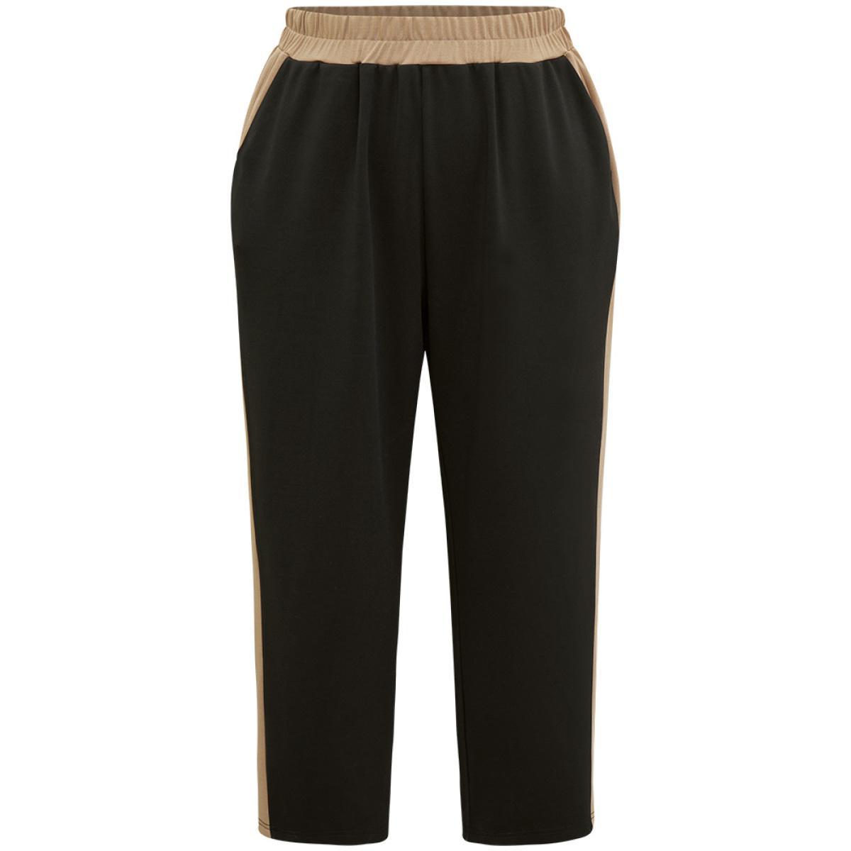 Plus Size Two Tone Elastic Waist Pocket Pants Women Black Office High Rise Work Pants BloomChic 28/5X Product Image