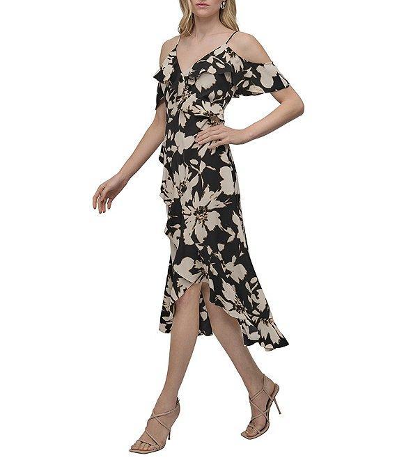 DKNY by Donna Karan Crepe Floral Print V Neck Sleeveless Ruffle Sheath Midi Dress Product Image
