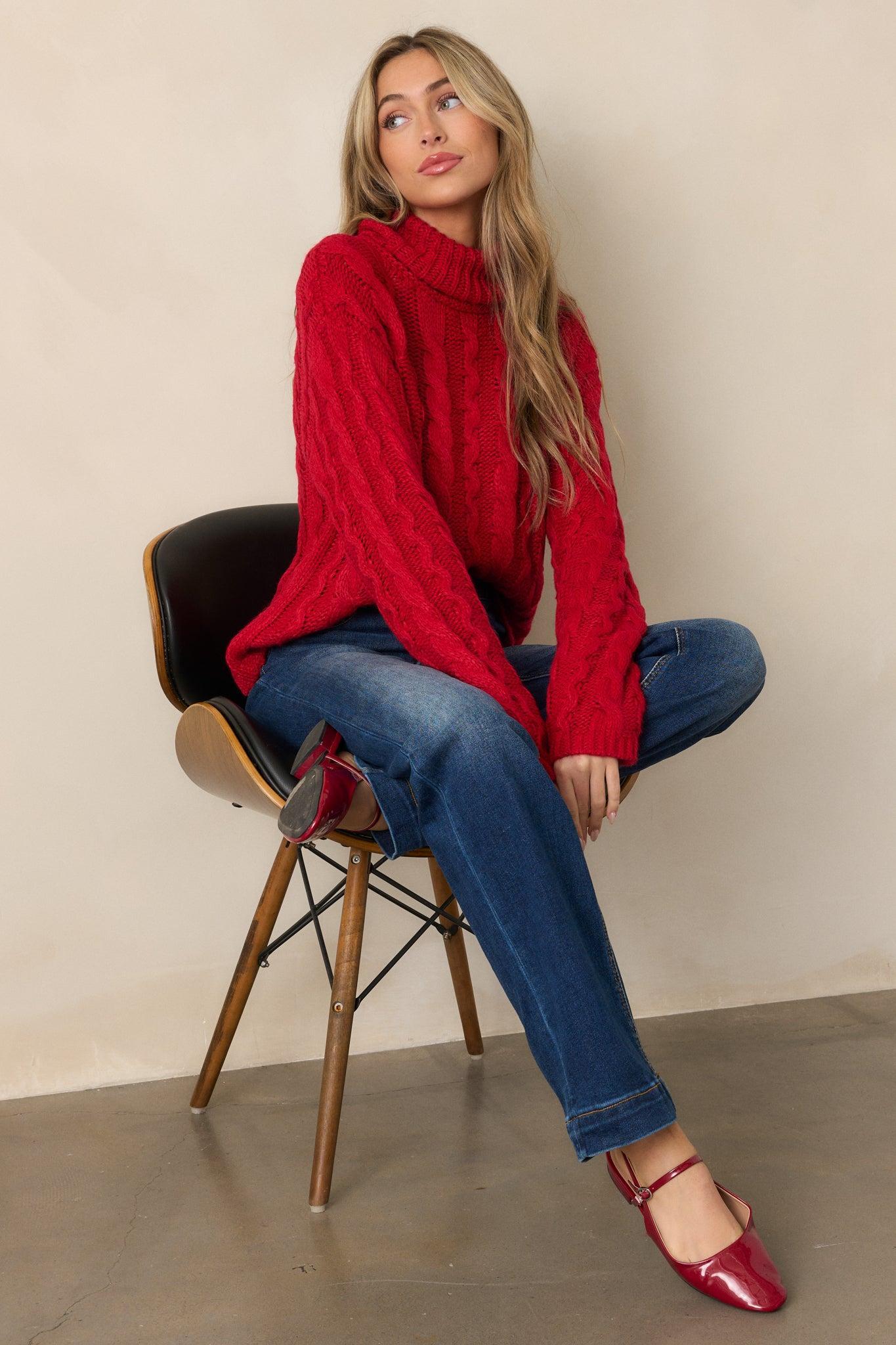 Z Supply Tied To You Red Cable Knit Turtleneck Sweater Product Image