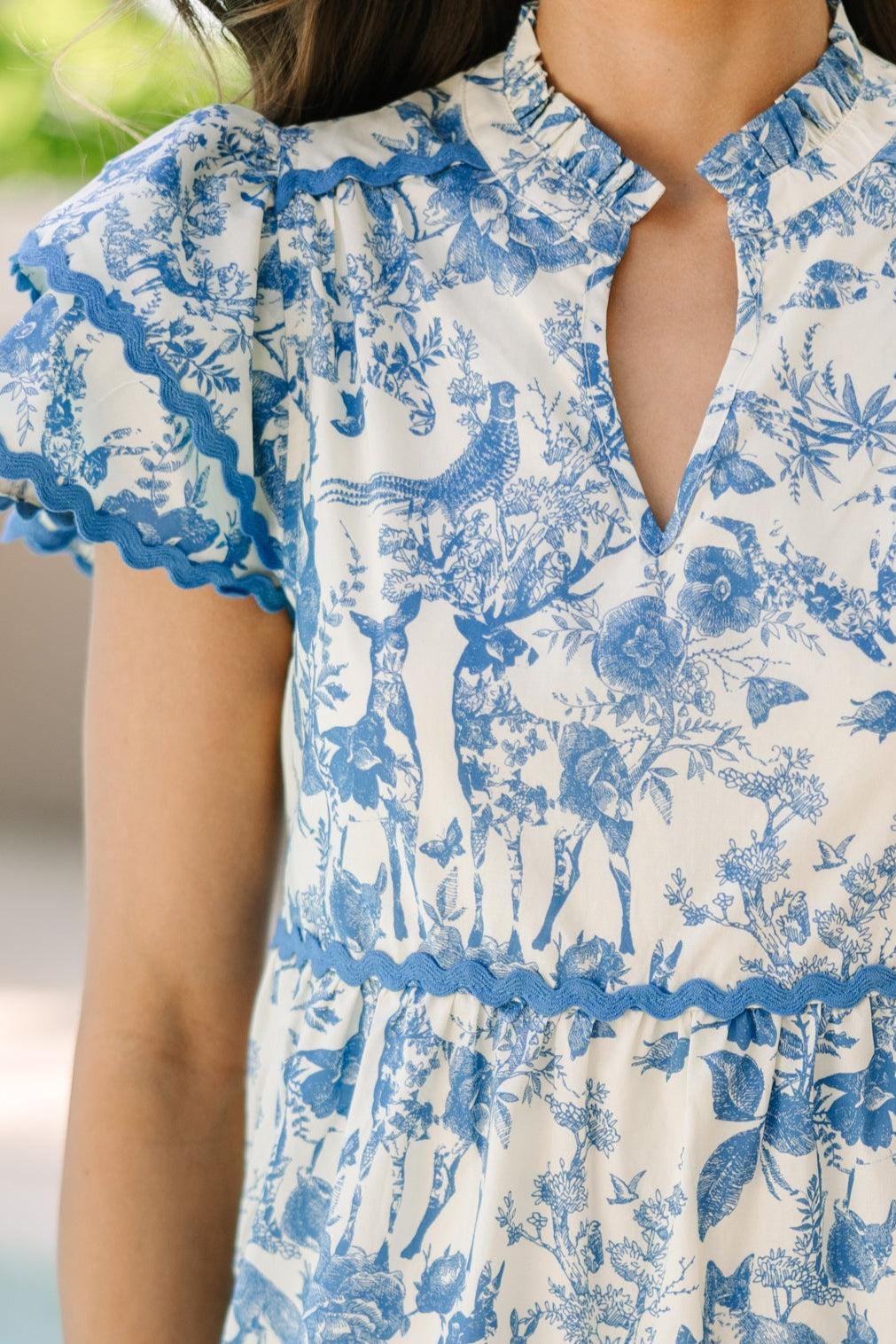 Come For It Blue Toile Floral Babydoll Dress Female Product Image