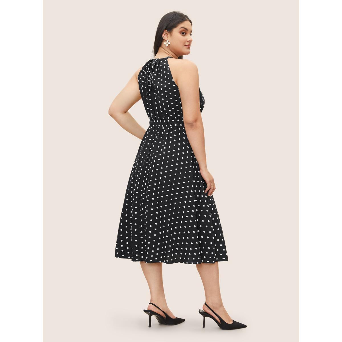 Plus Size Polka Dot Halter Elastic Waist Belted Gathered Dress Black Women At the Office Non Halter neck Sleeveless Curvy Midi Dress BloomChic 30/6X Product Image