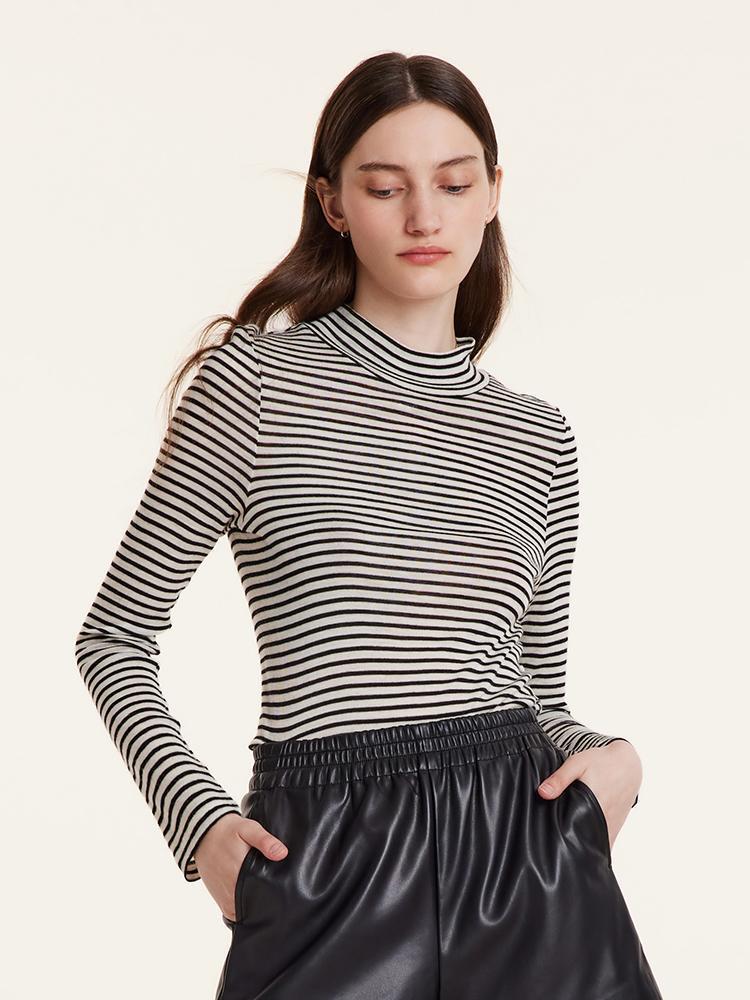 Washable Wool Striped Mock Neck Slim Women Sweater Product Image