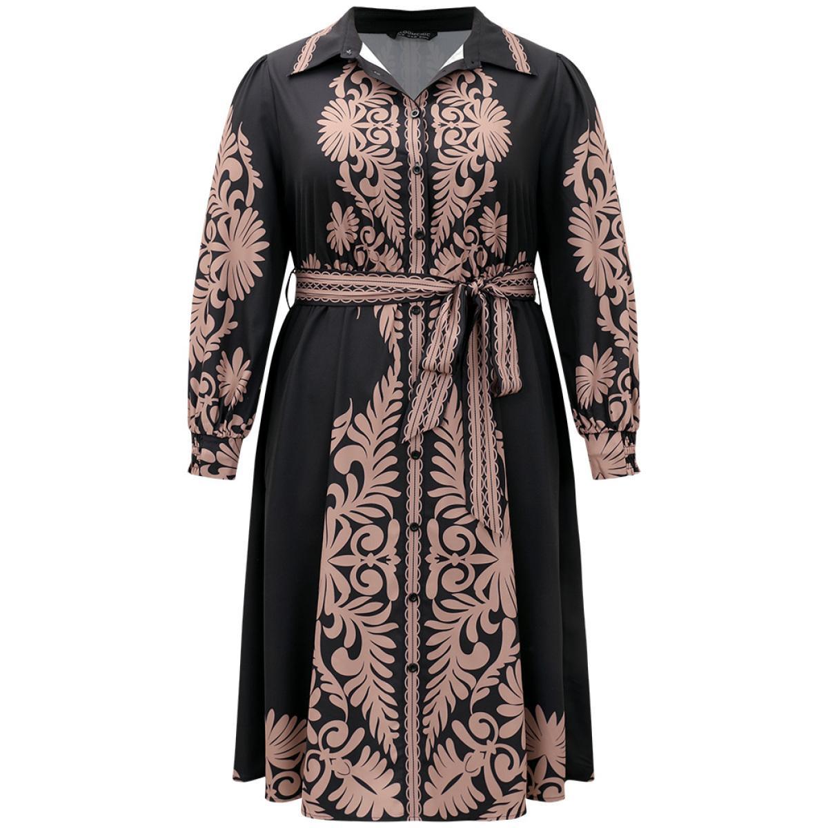 Plus Size Boho Print Shirt Collar Belted Dress Black Women Vacation Belted Shirt collar Long Sleeve Curvy Midi Dress BloomChic 30/6X Product Image