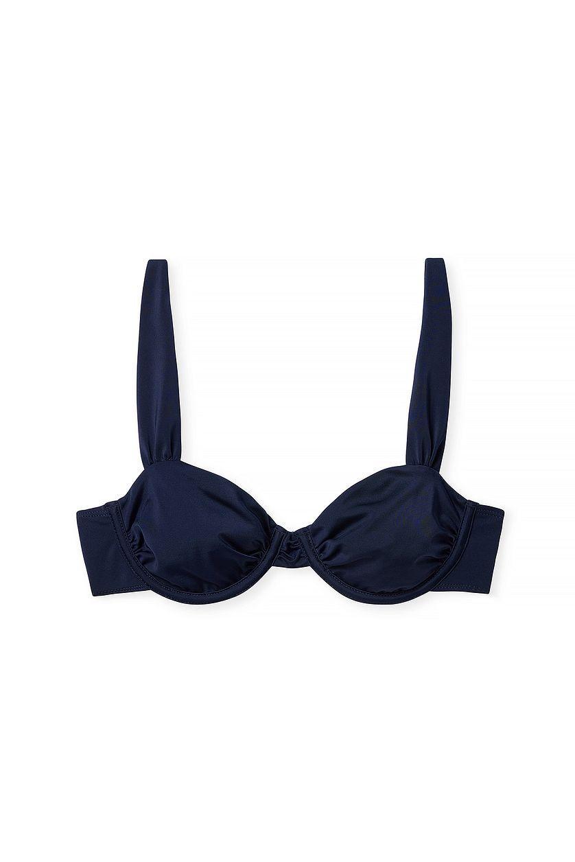 Shiny Wide Strap Draped Bikini Bra Blue Product Image