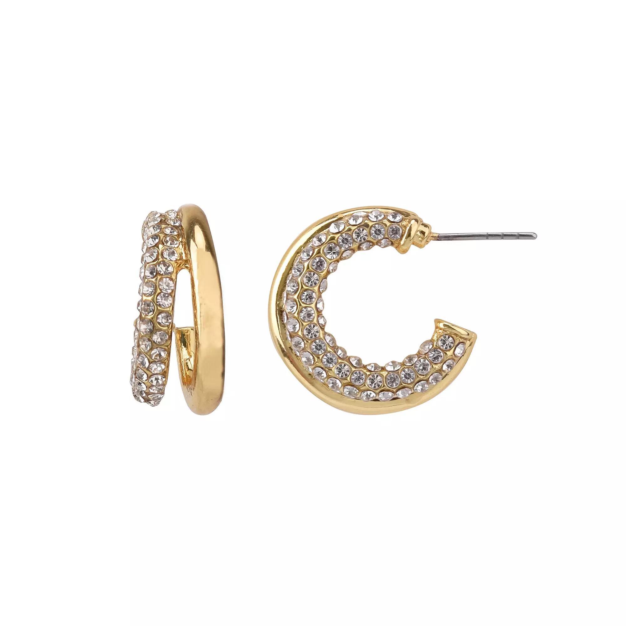 Womens Gold Tone Double Hoop Earrings with Pave Stone Accents, None Product Image