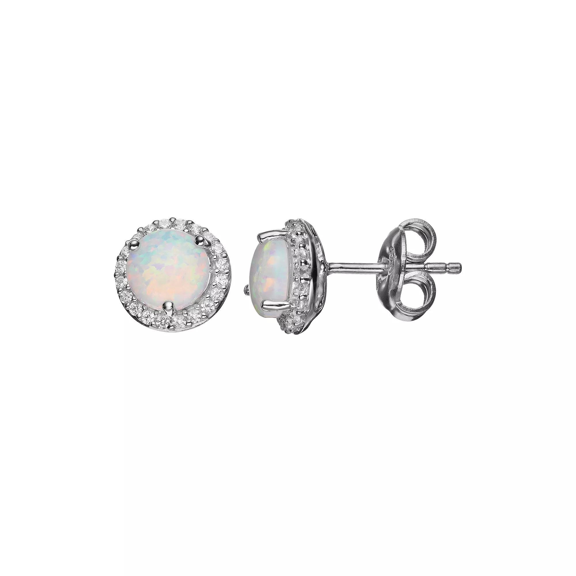 Lab-Created Opal & Lab-Created White Sapphire Sterling Silver Halo Stud Earrings, Women's Product Image