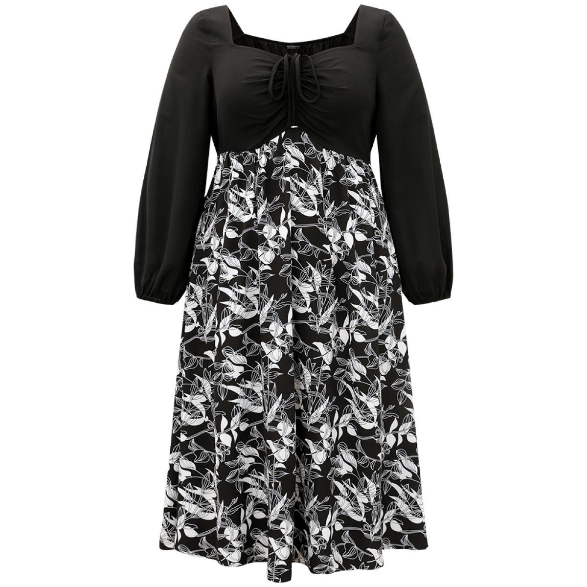 Plus Size Floral Print Ruched Bowknot Patchwork Dress Black Women Elegant Elastic cuffs Square Neck Long Sleeve Curvy Midi Dress BloomChic 18-20/2X Product Image