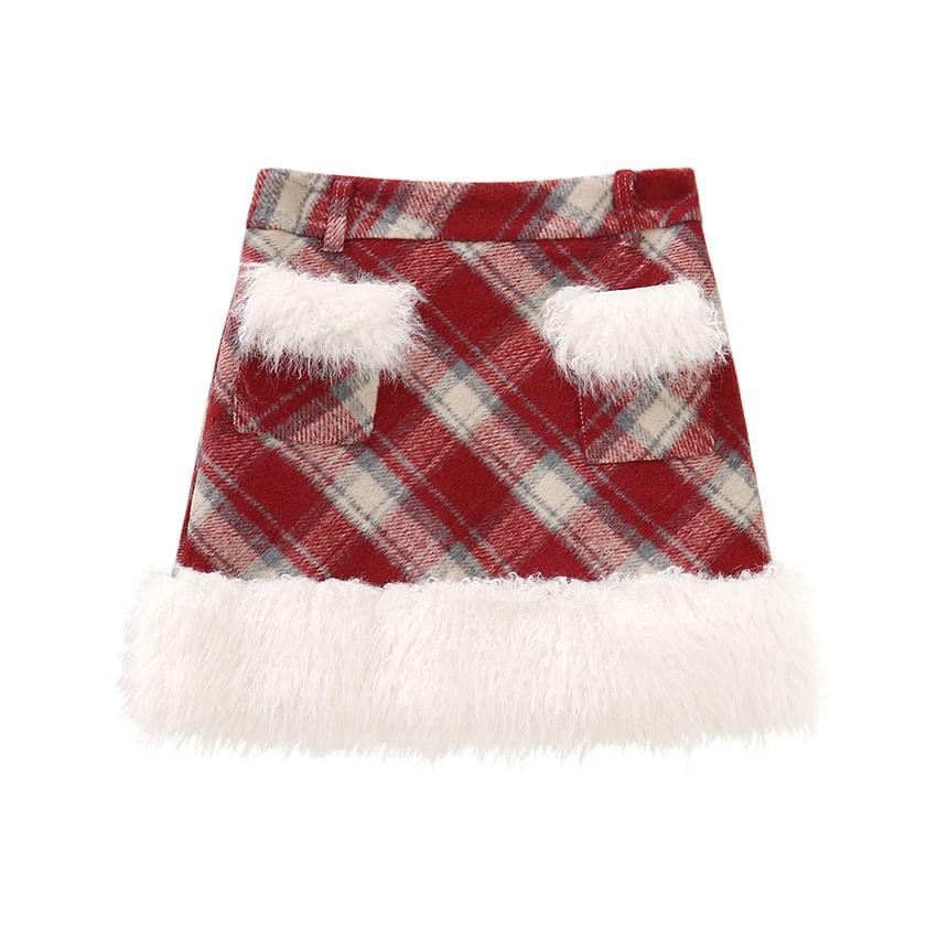 High Rise Plaid Fluffy Trim Mini A-Line Skirt Product Image