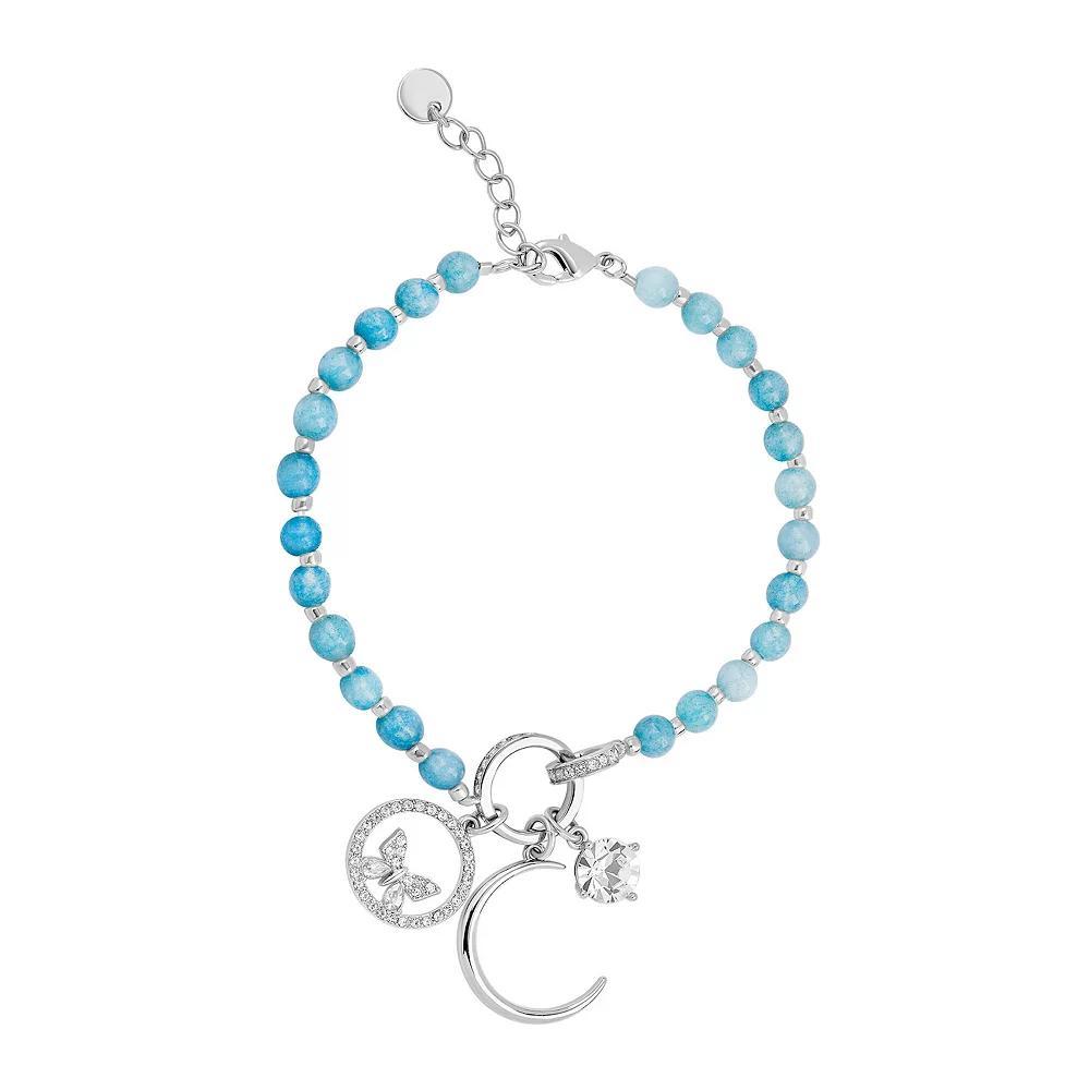Fine Silver Plated Crystal Blue Beaded Crescent Moon & Butterfly Charm Bracelet, Women's, Size: 7/8", Silver Tone Light Blue Product Image