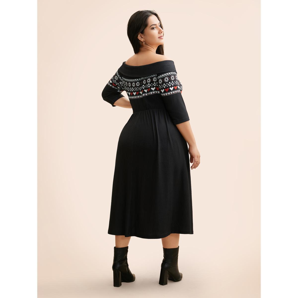 Plus Size Geometric Off Shoulder Neck Midi Dress Black Women Elegant Non One-shoulder neck Elbow-length sleeve Curvy BloomChic 14-16/1X Product Image