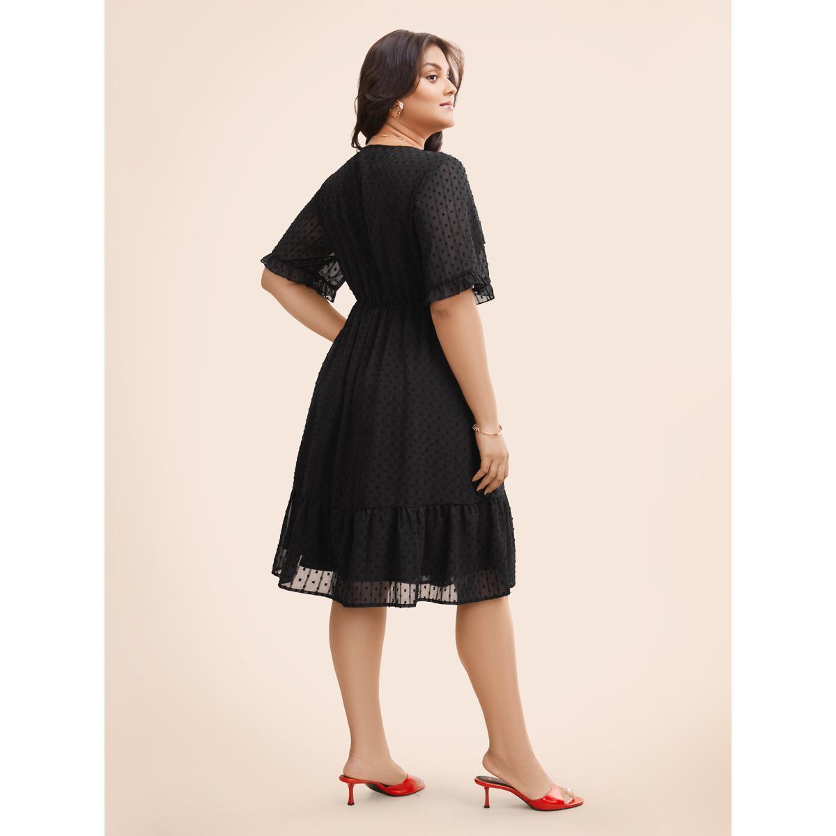 Plus Size Jacquard V Neck Ruffle Sleeve Dress Black Women Elegant Texture V-neck Half Sleeve Curvy BloomChic 18-20/2X Product Image