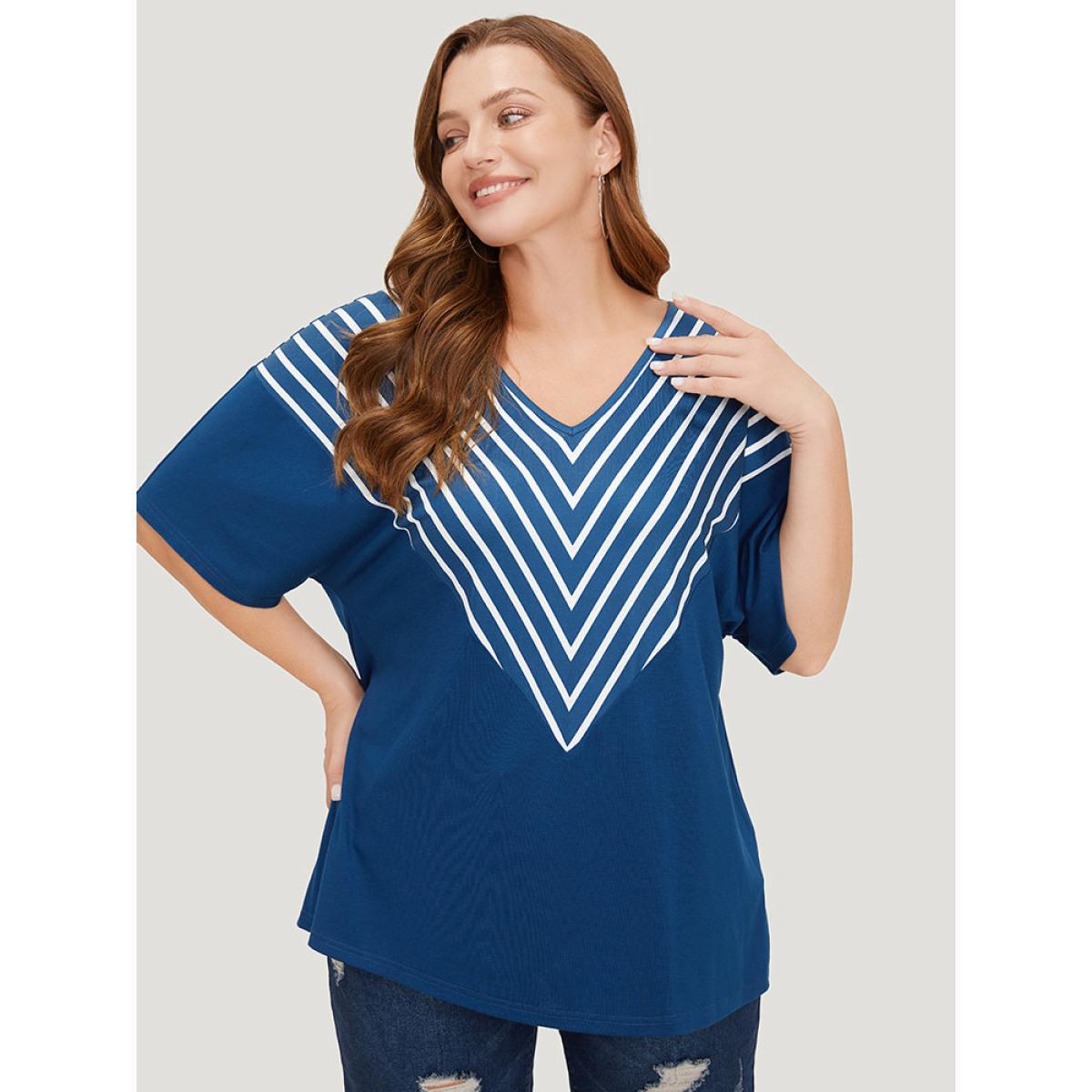 Plus Size Striped V Neck Batwing Sleeve Geometric T-shirt DarkBlue Women Casual Geometric V-neck Dailywear T-shirts BloomChic 22-24/3X Product Image