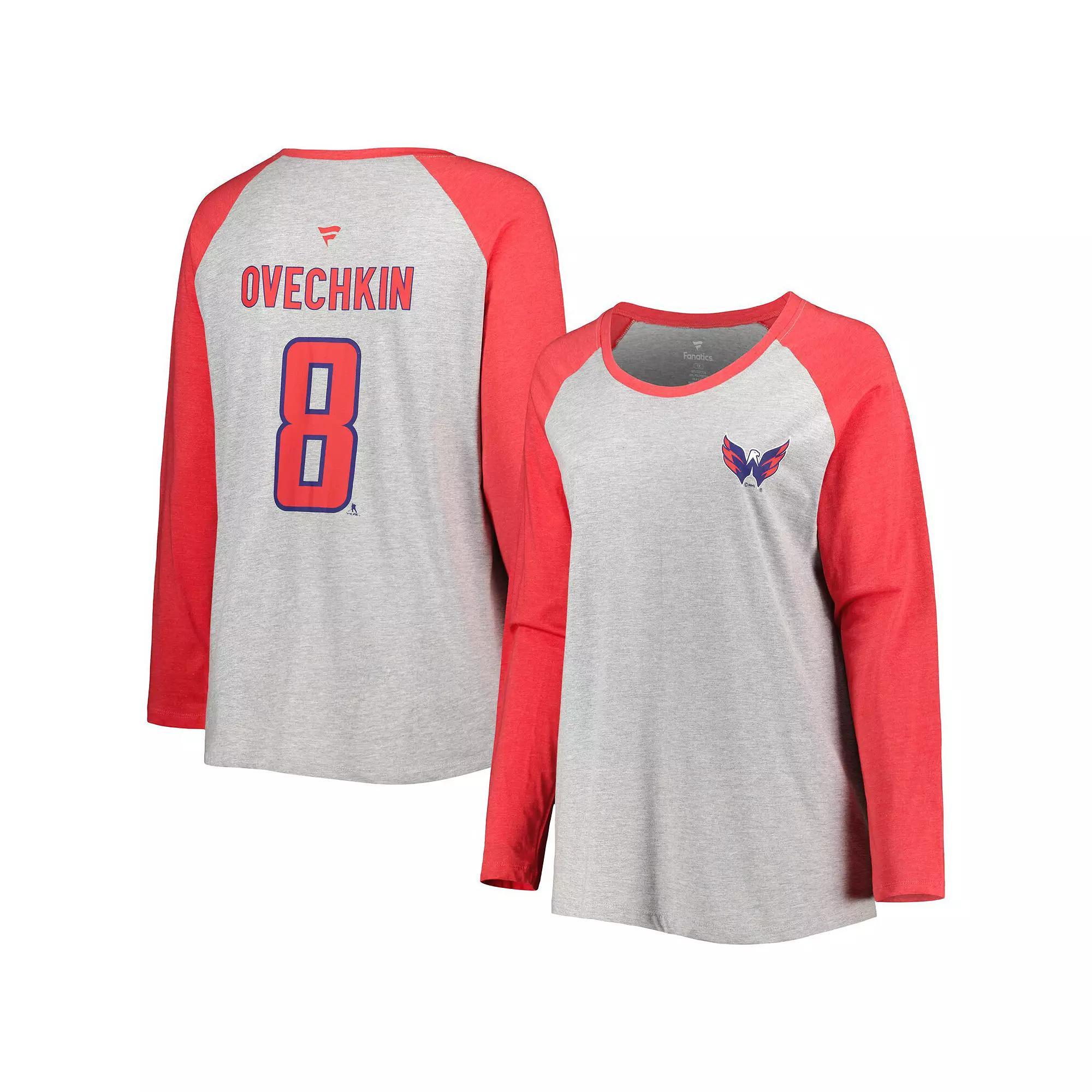 Women's Fanatics Branded Alexander Ovechkin Heather Gray/Heather Red Washington Capitals Plus Size Name & Number Raglan Long Sleeve T-Shirt, Size: 1XL, Grey Product Image