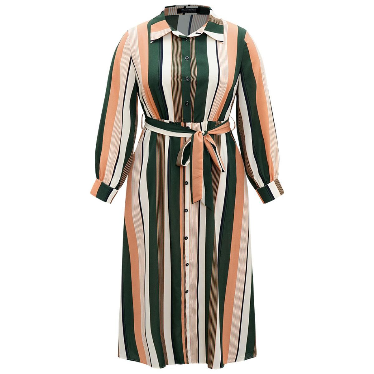 Plus Size Striped Belted Shirt Collar Button Through Dress Multicolor Women At the Office Printed Shirt collar Long Sleeve Curvy Midi Dress BloomChic 26/4X Product Image