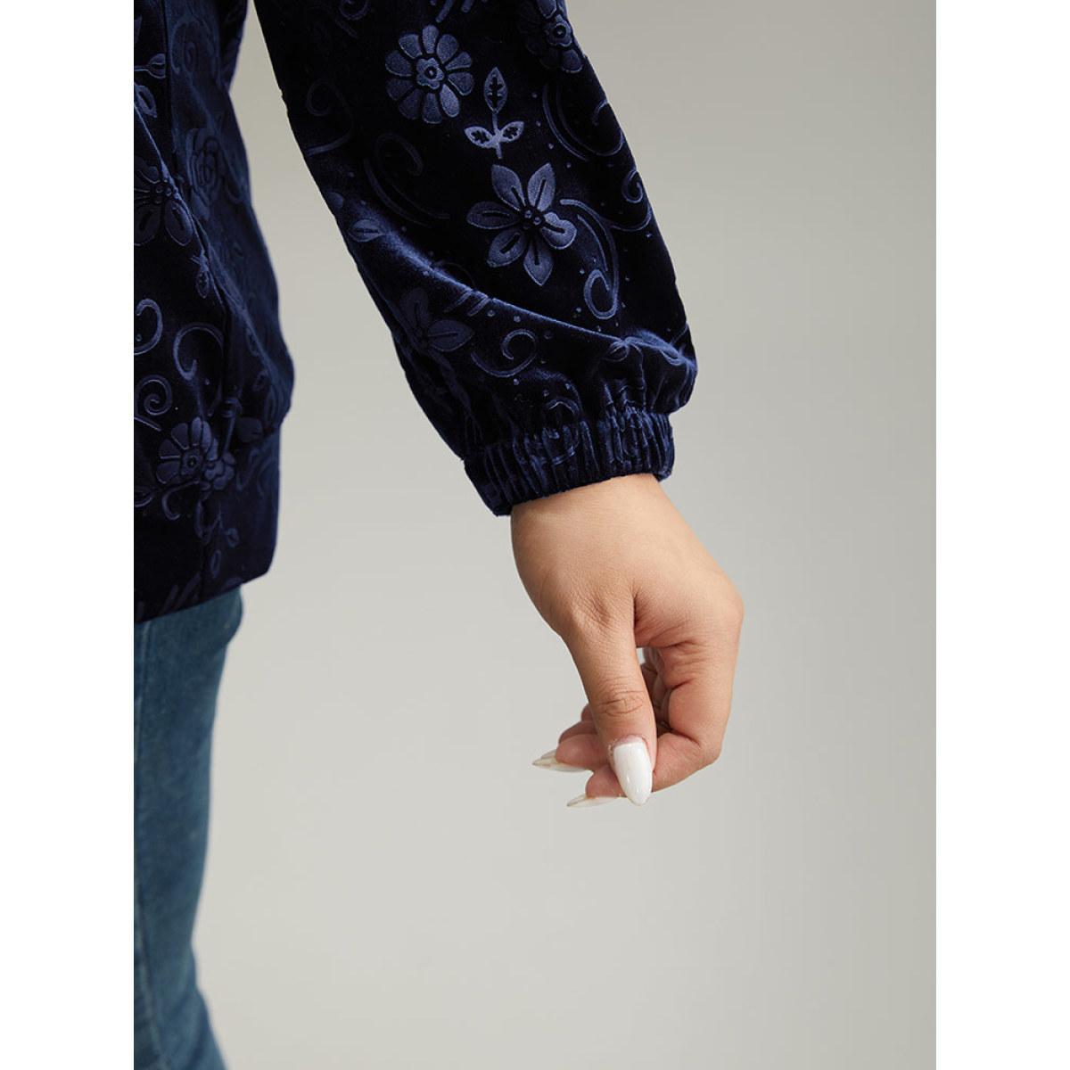 Plus Size Velvet Solid Floral Hooded Drawstring Sweatshirt Women Navy Elegant Elastic cuffs Hooded Dailywear Sweatshirts BloomChic 12/L Product Image